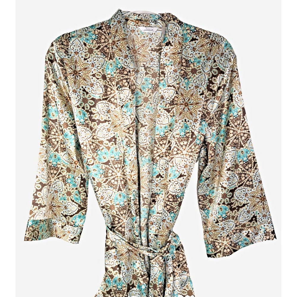 Vtg Adonna Y2K Lightweight Robe Aqua Brown Women's M #12891